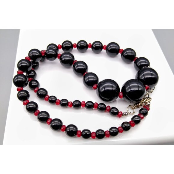 Graduated Lucite Gothic Beaded Necklace, Black Beads with Ruby Red Crystal Space - Picture 2 of 4